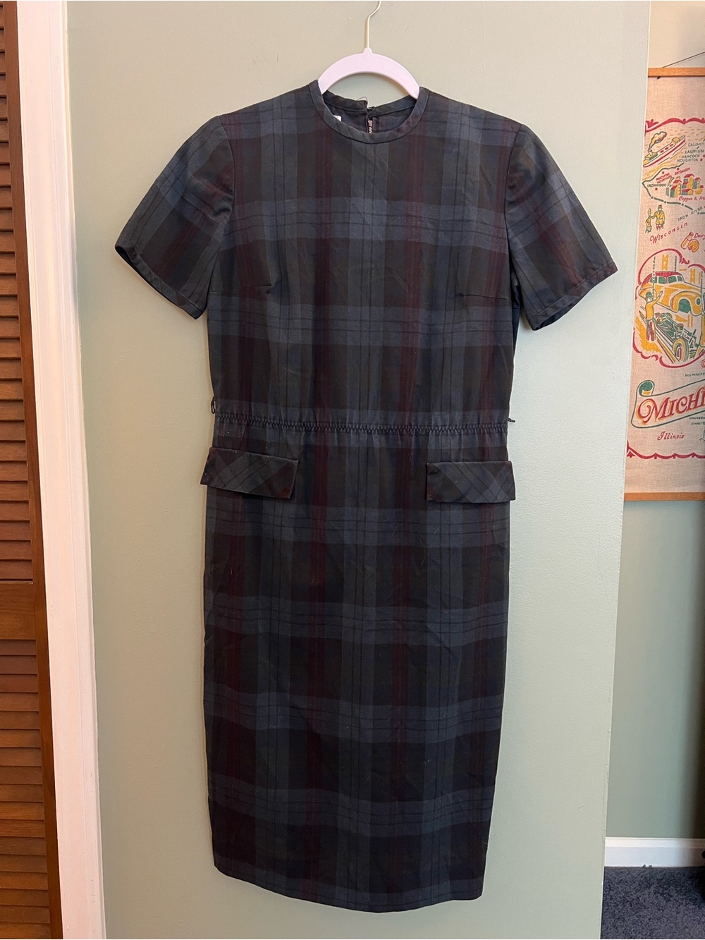 Vintage 1950s 1960s Classic Plaid Sheath Dress - Dark Green Blue and Black